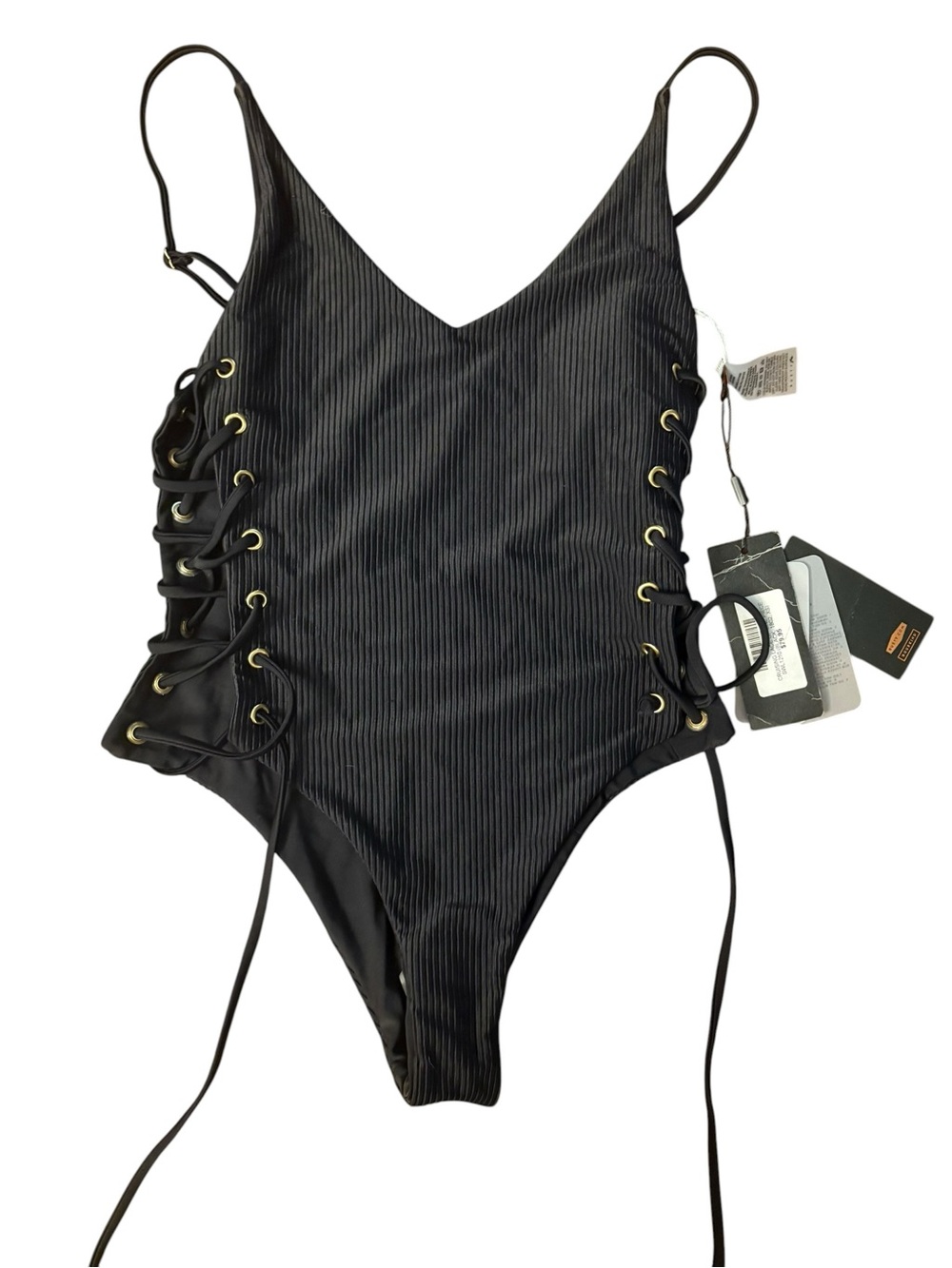 Rusty Black Ribbed Lace-Up Side One-Piece Swimsuit XS